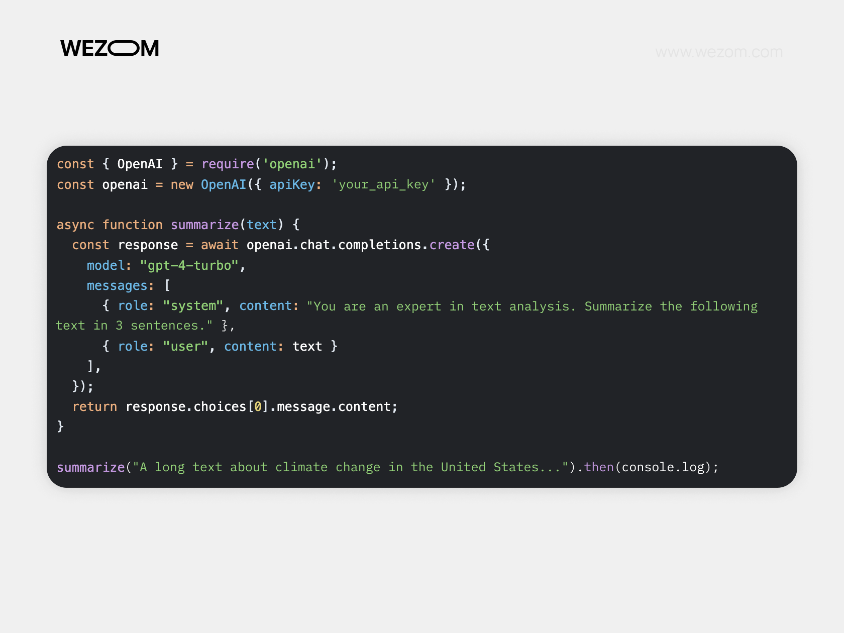 JavaScript example showing how to use OpenAI API for summarizing text using GPT-4-turbo with async/await function